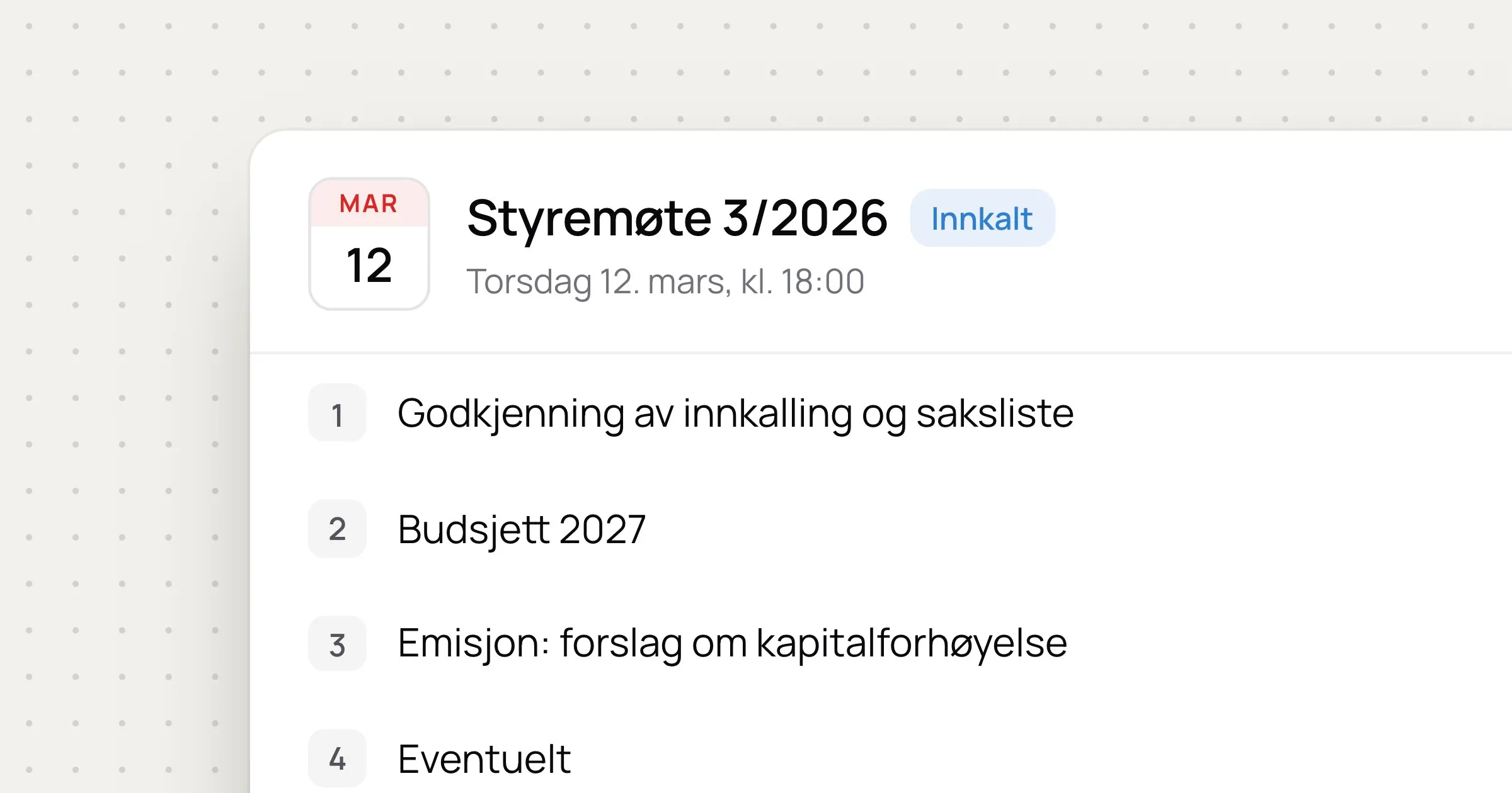 Innkalling til styremøte 3/2026 i Styrbord med dato og saksliste
